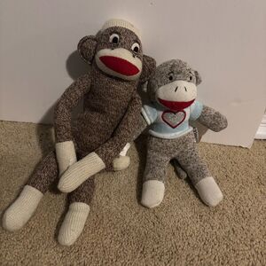 2x Sock Monkeys Plush blue sweater sparkly heart sweater 9" & 13"